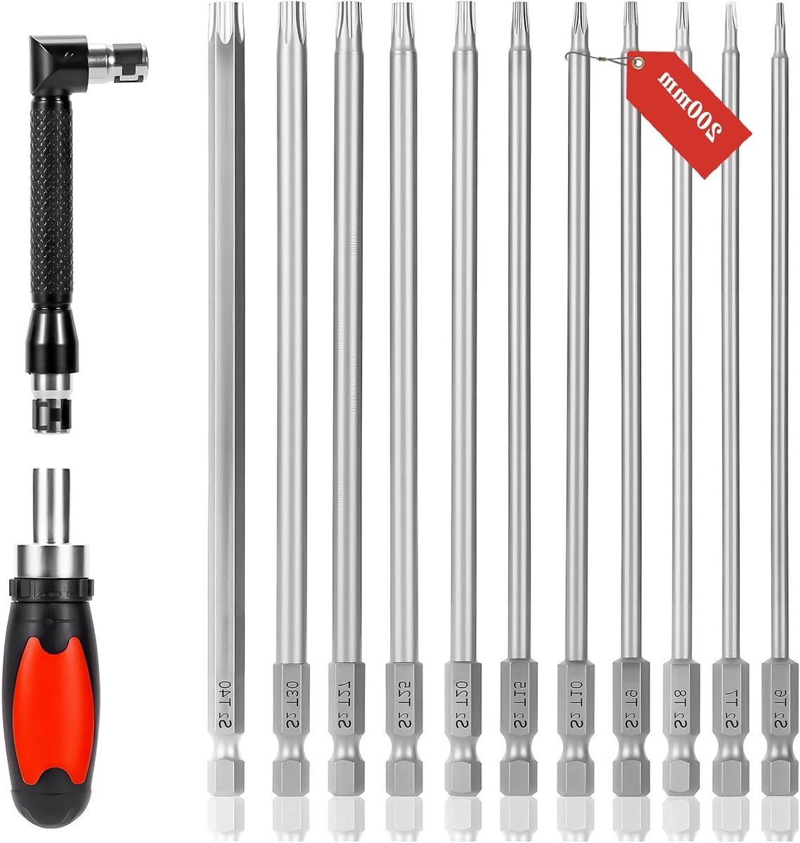 Complete Set van 11 Torx Bits van 200mm met Handvat en Sleutel - Magnetische Sterkop Schroevendraaier Bits voor T6, T7, T8, T9, T10, T15, T20, T25, T27, T30, T40 - Perfect voor Klussen en Onderhoud