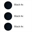 Drie ronde, zwarte cirkels naast de tekst 'Black 4x'.