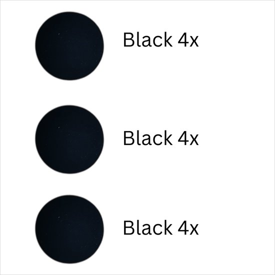 Drie ronde, zwarte cirkels naast de tekst 'Black 4x'.