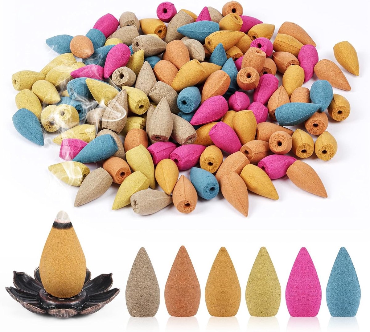 120 Stuks Backflow Wierook Cones met 1 Houder, 6 Natuurlijke Geuren voor Meditatie, Yoga en Ontspanning