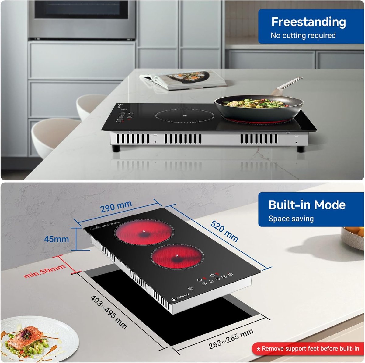AMZCHEF T-32C82 - Inbouw Keramische Kookplaat - 1 Fase (Normale Stekker) - 2 Kookzones - Touchbediening