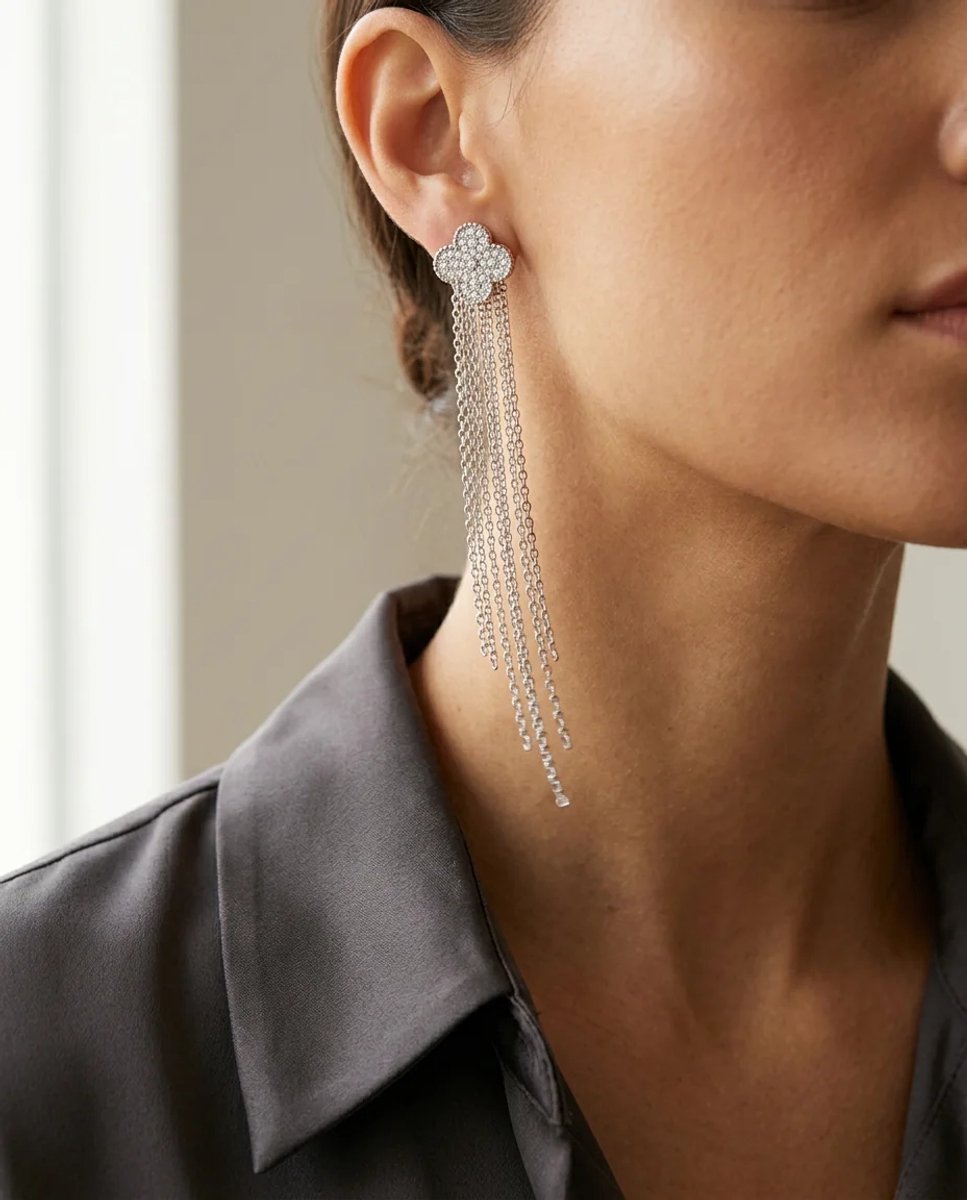 Dorvina Messing Dames Oorbellen VIP Zilverkleurig Zirkonia Klaverblad Cliffer Ketting Hangende Vintage Dames Oorbellen