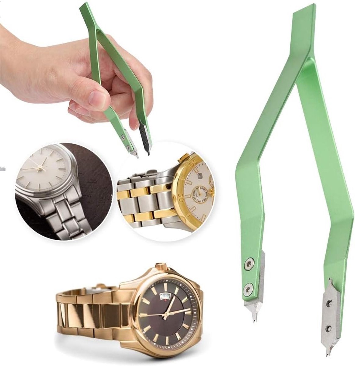 Professionele Horloge Pincet en Jumping Bar Tools voor Horloge Reparatie - V-vormige Metaal Pincet, Groene Accessoires voor Horlogemakers