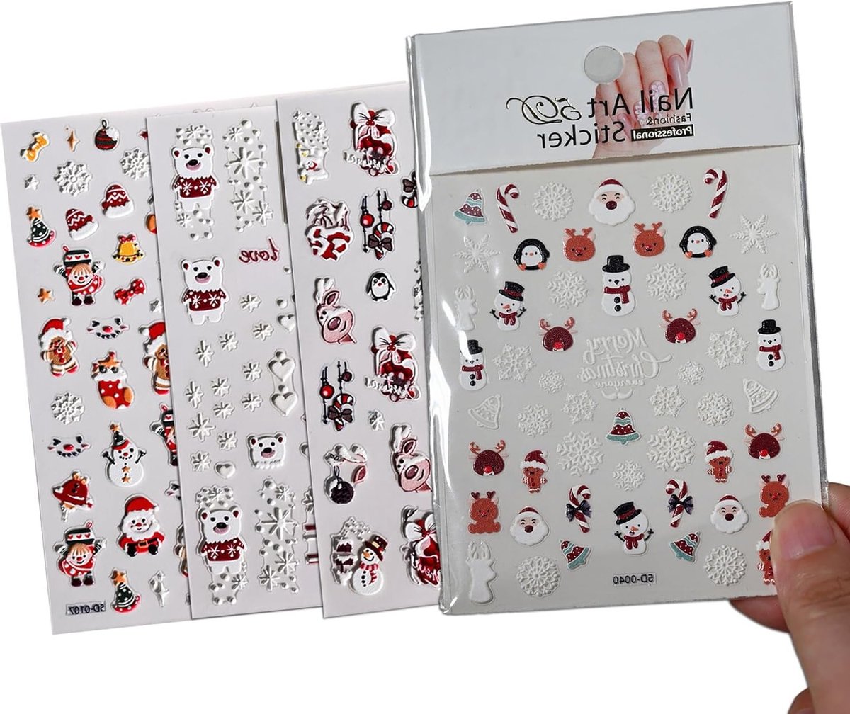 4 Bladen Kerst Nagelstickers Zelfklevend 3D Nagelfilm met Rendier Motief voor Winterse Nagelkunst en DIY Manicure Decoratie