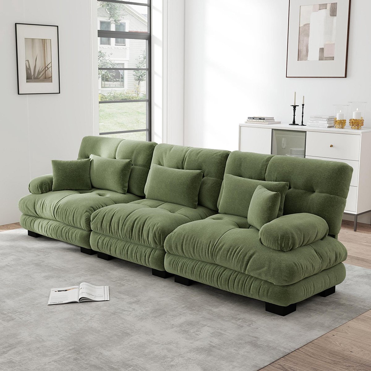 Komhtom Modulaire hoekbank met 3 zitplaatsen en diepe zitting, comfortabele en goed gevulde slaapbank van chenille voor de woonkamer, appartement, studio of kantoor, groen chenille
