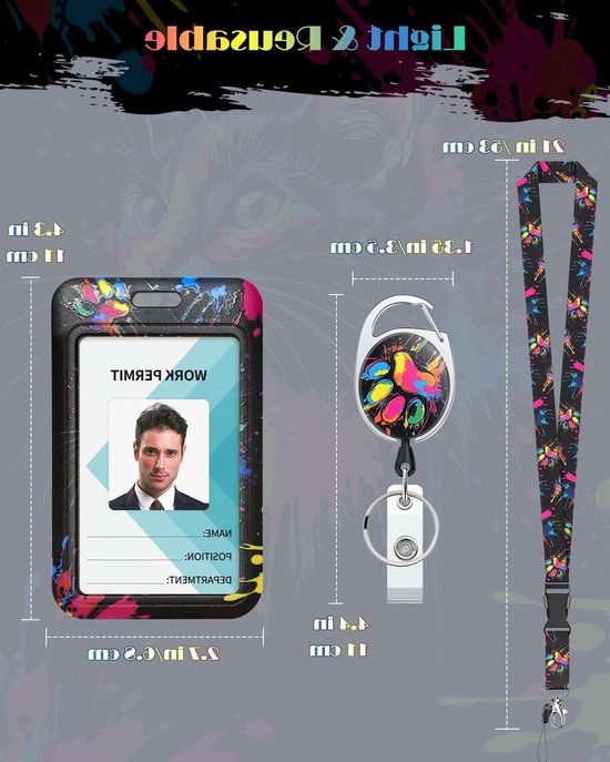 Stijlvolle Badgehouder met Kattenprint en Retractable Reel, Inclusief Lanyard en Carabiner Clip voor Werknemers en Verpleegkundigen van Merkloos — afbeelding 3