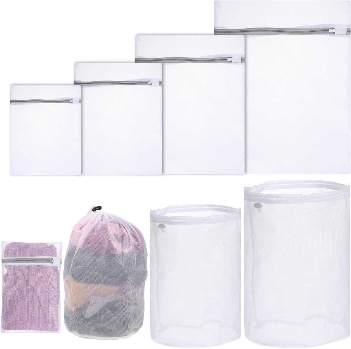 6 Stuks Waszakken van Gaas, 4 Netzakken met Rits en 2 Trekkoordzakken voor Ondergoed, Sokken en Kleding - Ideaal voor Thuis en Reizen