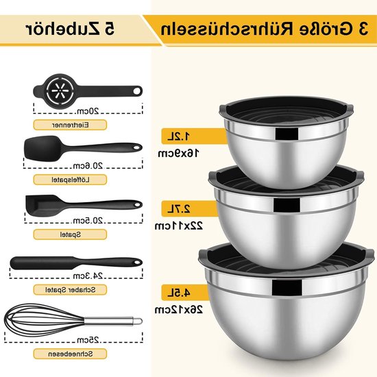 Mixkommen Set van RVS, 3 Stuks met Luchtdichte Deksel + 5 Bakaccessoires, Ideaal voor Koken, Bakken en Opslaan, Stapelbaar, 1.2L/2.7L/4.5L, Zwart, 8 Stuks van Merkloos — afbeelding 5