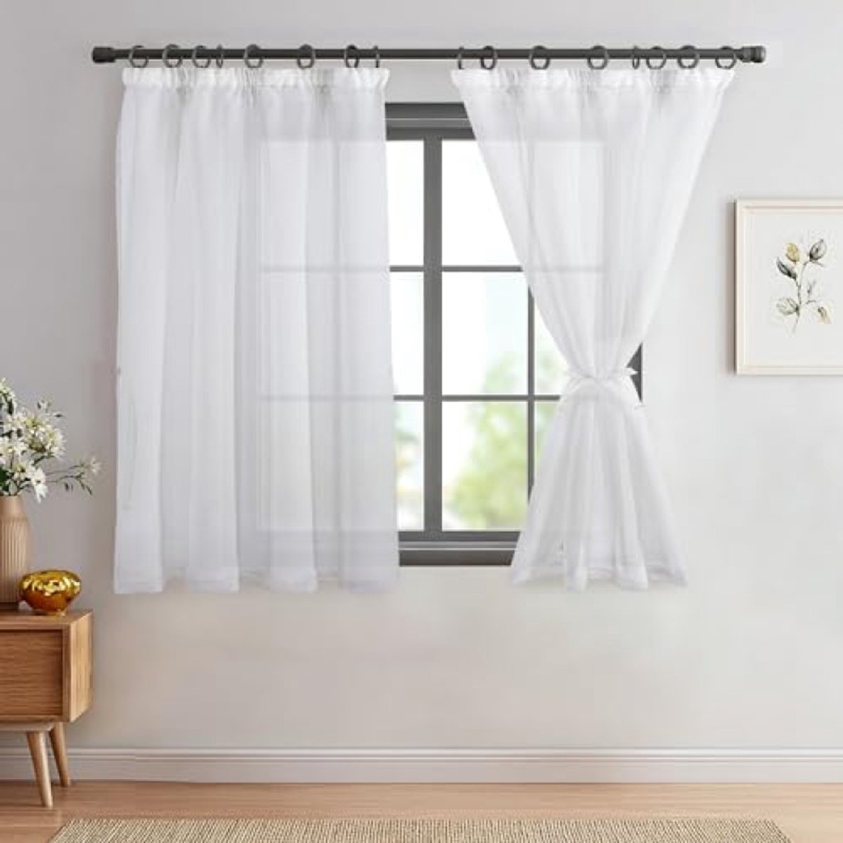 Voile gordijnen set van 2 stuks - Linnen look - Wit - 145 cm hoog x 140 cm breed per paneel - Halfdoorzichtige vitrage met plooiband - Geschikt voor woonkamer en slaapkamer