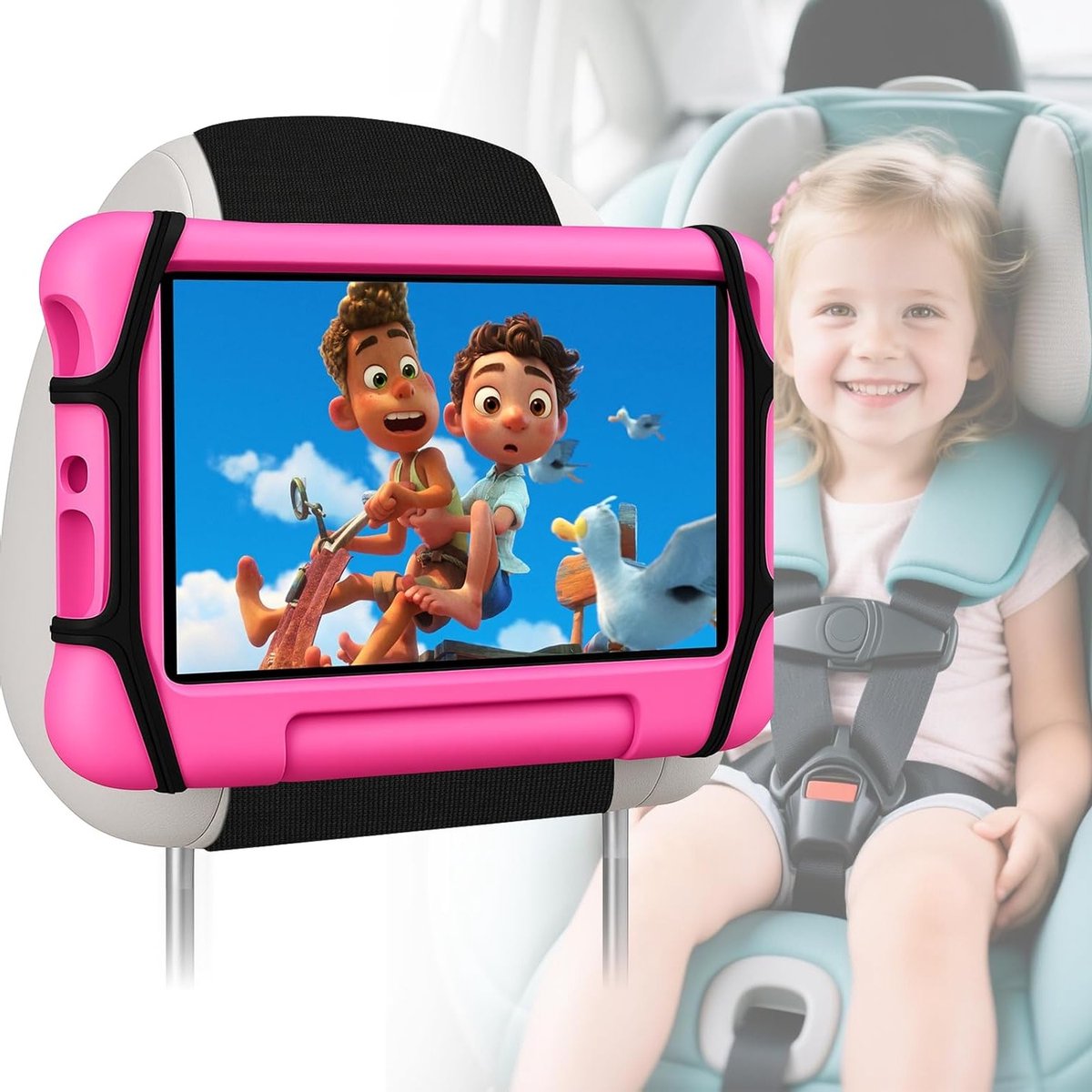 Verbeterde autokopsteun houder voor kinderen, tablet houder achterbank, anti-slip riem en montage net voor 7-11 inch iPad Mini/Air/Pro, Switch, Galaxy Tabs en iPhones