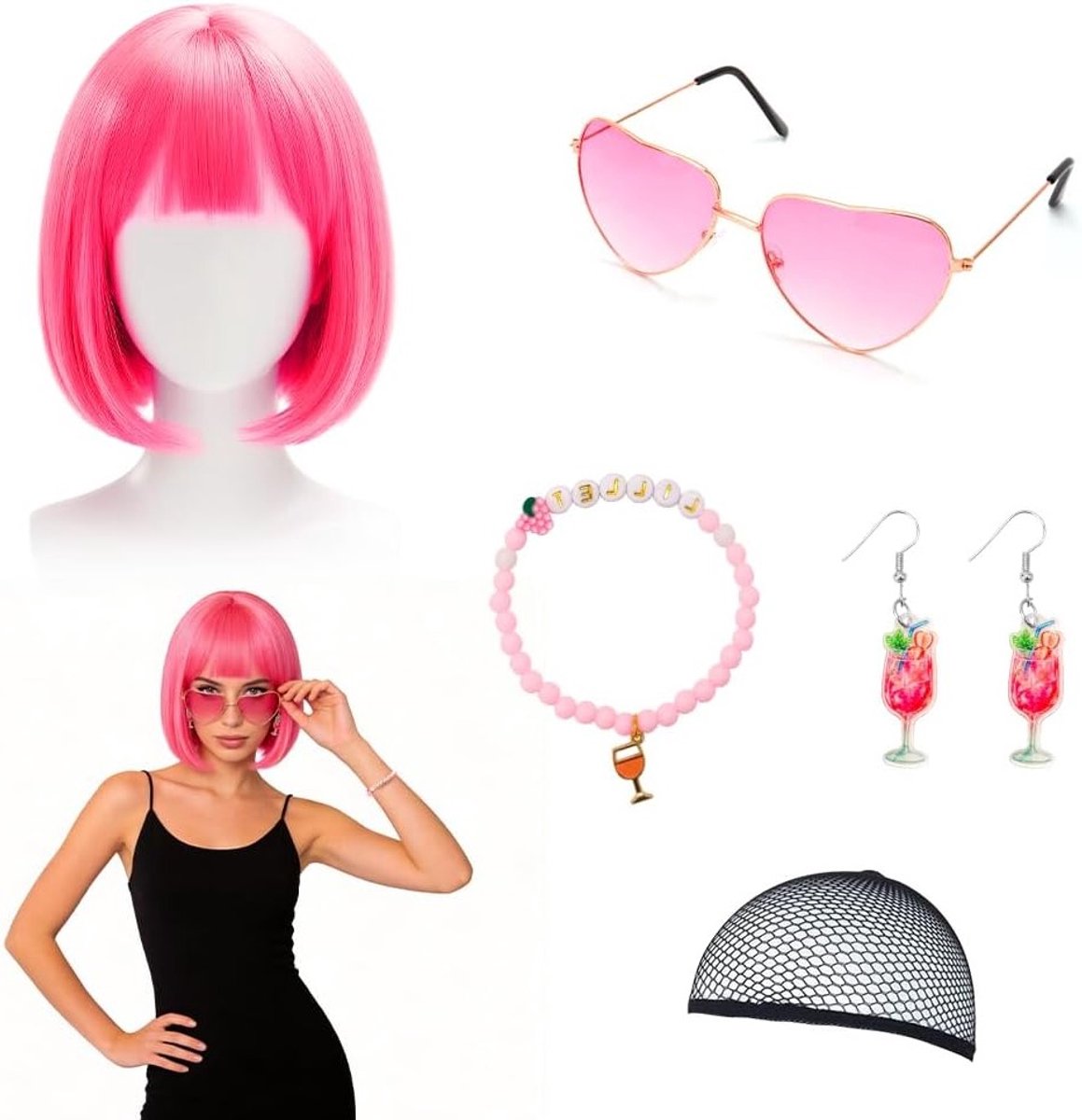 4-Delige Apero Spritz Dames Kostuumaccessoires Set met Pruik, Zonnebril, Oorbellen en Armband voor Feest, Verjaardag en Carnaval, Perfect voor Festivals en Themadagen