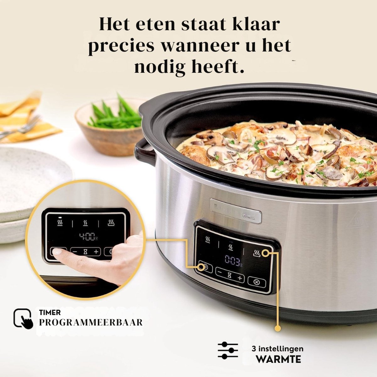 RUX® Slowcooker met Timer - Crockpot - Stoompan - Uitneembare Binnenpan - 3,5 Liter - Zilver - 25cm x 24cm x 23cm – foto 6