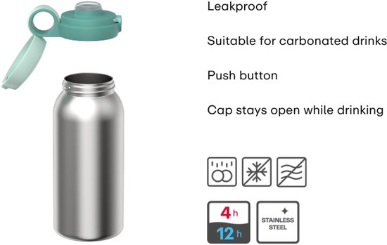 Zilverkleurige drinkfles met turquoise flessendop. Tekst: lekdicht, voor koolzuurhoudende dranken, drukknop, de dop blijft open.