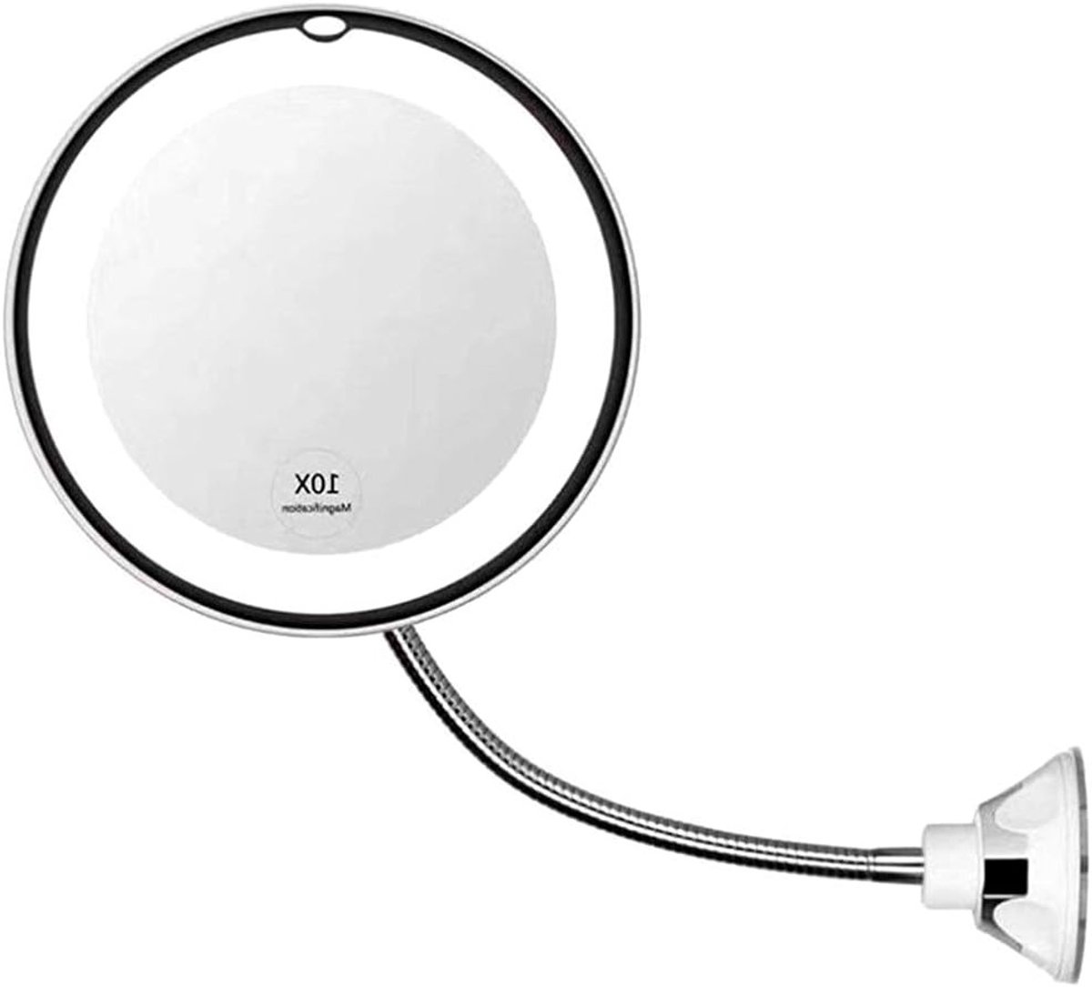 Make-up spiegel met LED-verlichting en zuignap, 360° draaibaar, flexibel en 10x vergrotend, perfect voor reizen en gebruik in de badkamer.