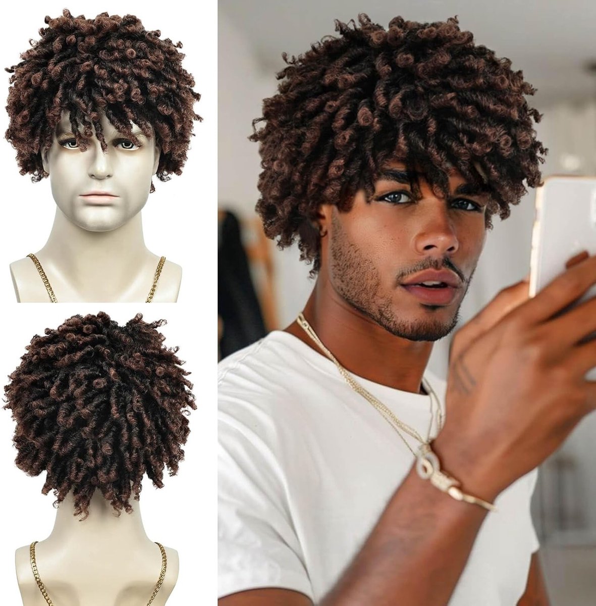 Korte Dreadlock Perucques voor Mannen met Krullend Afro Twist en Synthetische Vezels, 22 cm (Zwart naar Bruin)