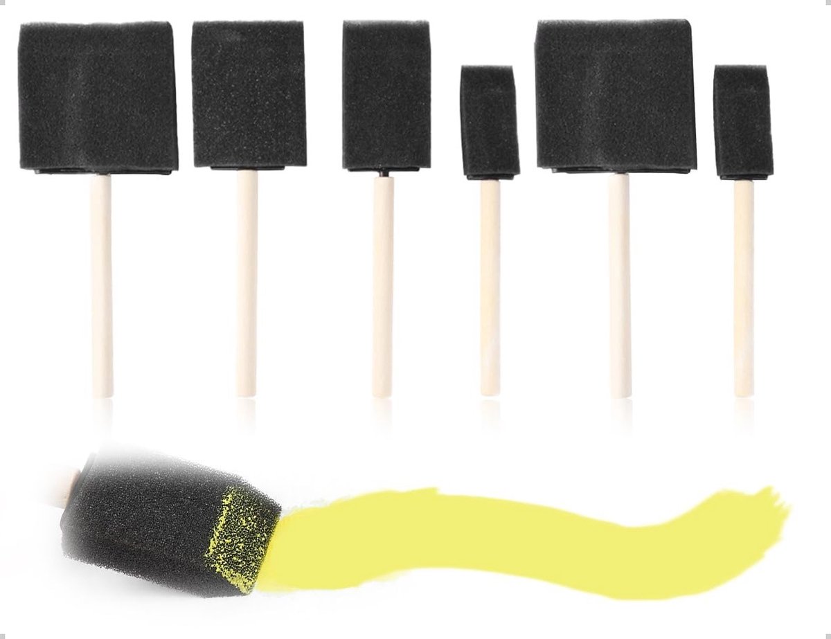 Set van 6 Schuimkwasten met Houten Handvat voor Schilderen en Stempelen - Ideaal voor Kunst en Hobbyprojecten