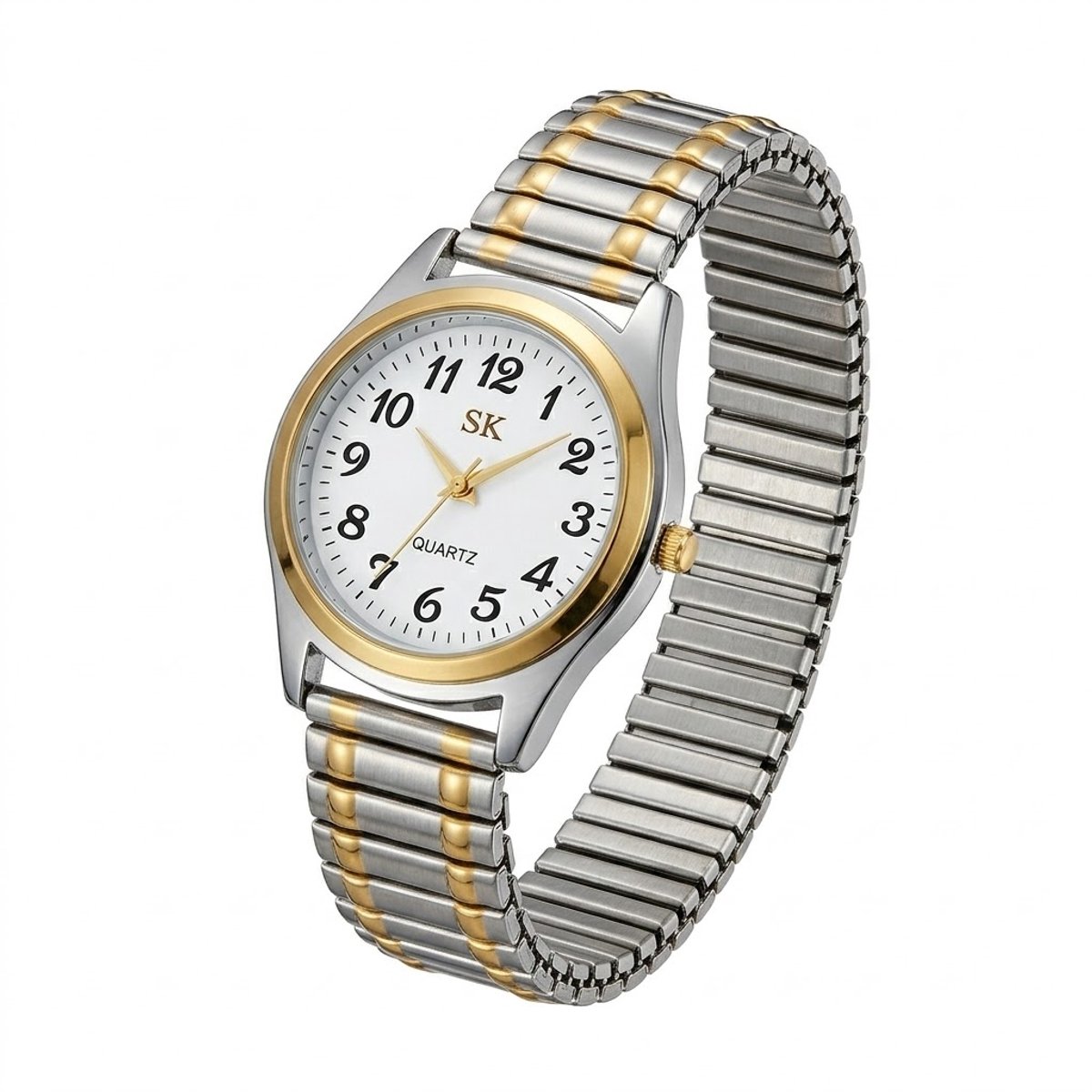 Goud zilverkleurig analoog horloge dames - ronde witte wijzerplaat met duidelijke cijfers - twee kleur schakelband - quartz horloge