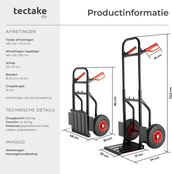 Diable pliable pour le déménagement et le Transports, pelle de chargement avec cadre en acier et pneus pneumatiques, capacité de charge jusqu'à 100 kg
