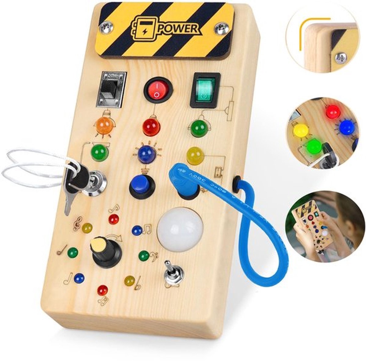 Sensorisch speelbord met LED-schakelaar – Houten Montessori speelgoed vanaf 1 jaar – Activiteitenbord voor fijne motoriek en zintuiglijke ontwikkeling – Cadeau voor baby’s en peuters