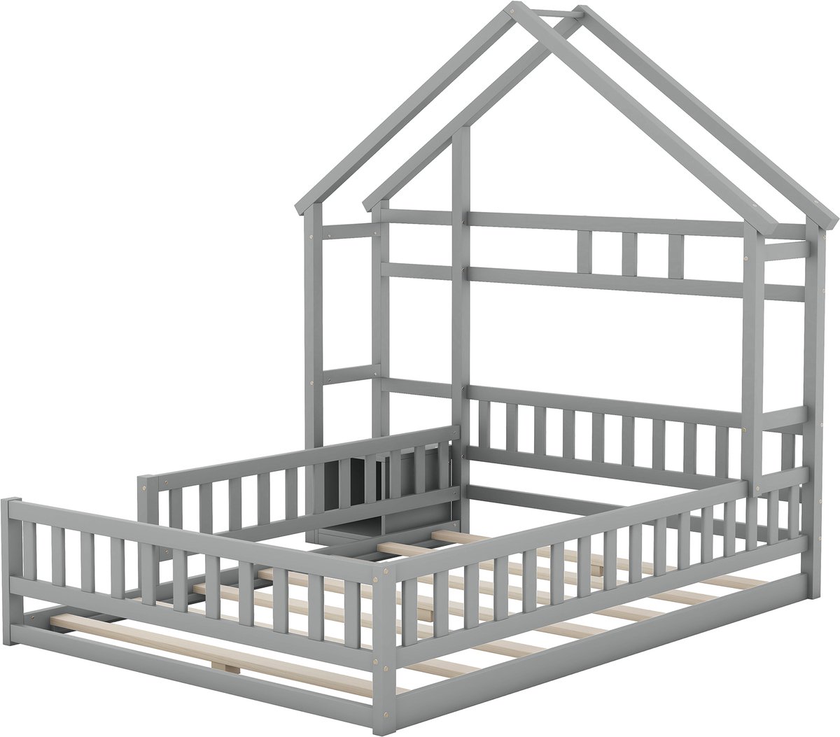 REDOM Ledikant 140x200 cm van massief grenenhout/MDF – Huisvorm met 31 cm reling en nachtkastje – Grijs