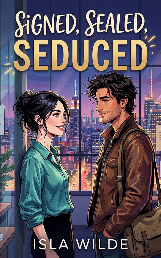 Boekcover 'Signed, Sealed, Seduced' met een illustratie van een man en vrouw die elkaar aankijken voor een stadsgezicht bij zonsondergang.