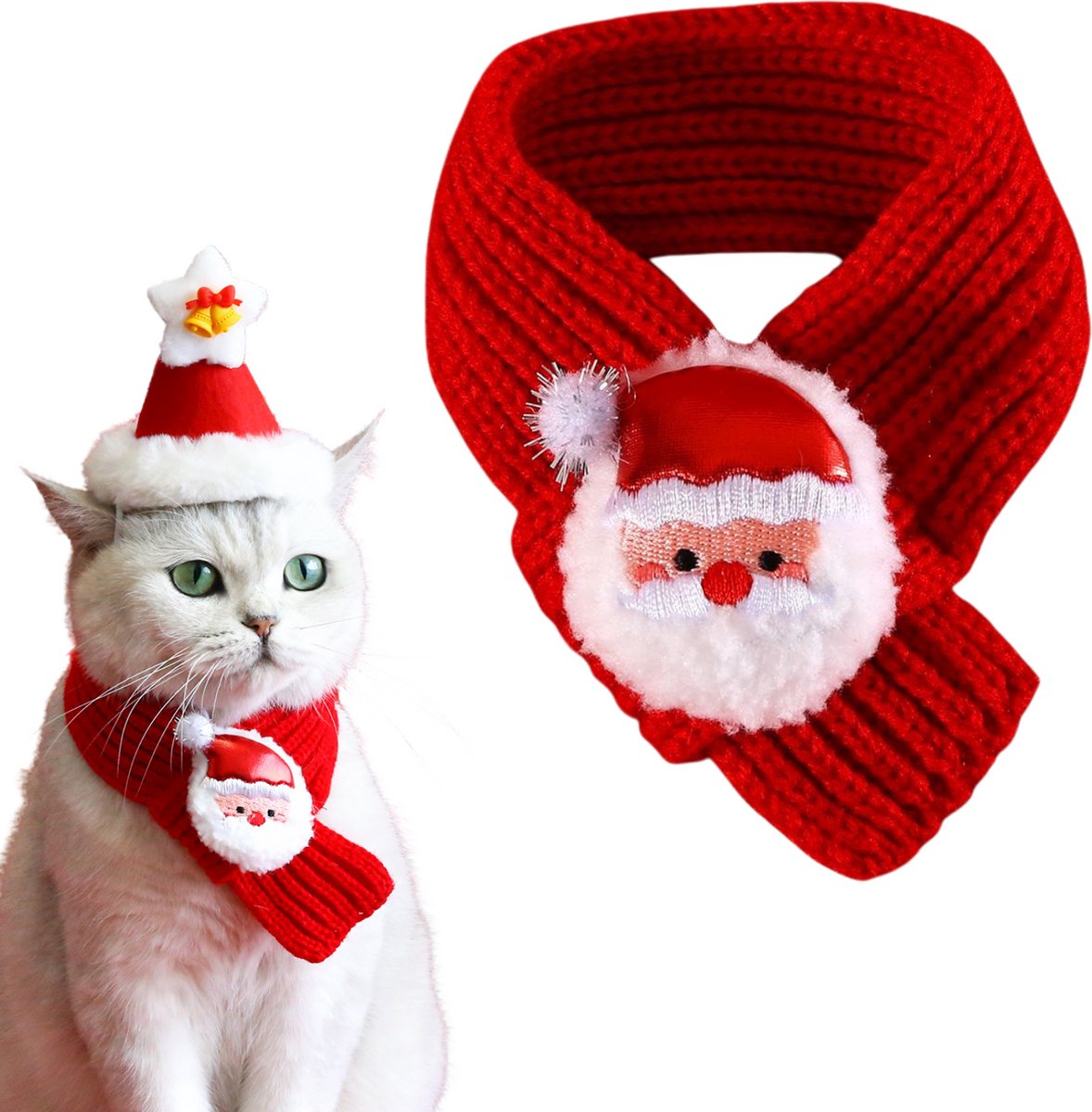 Kerst Sjaal met Kerstman - Hond & Kat - Winter - Honden Das Rood - Kerstpakje voor Honden en Katten - Kerstkostuum - Hondenkleding - Maat S