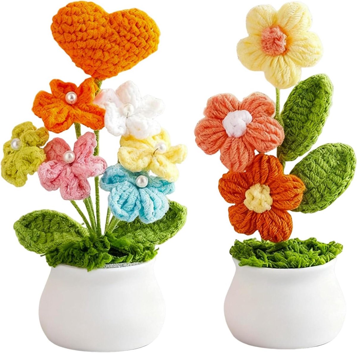 Gehaakt Bloem Boeket - Gebreide Bloemen Set - Bureau Decoratie - Handgemaakt Met Garen - 2 Stuks - Oranje