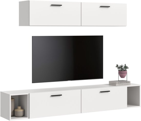 Witte tv-meubelcombinatie met twee wandkastjes erboven en een lage kast met twee deuren en open vakken.