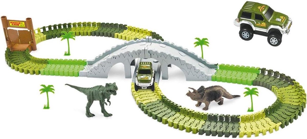 Racebaan Dino Park - Flexibele Baan - Kinderen Spelen - Innovatief Insteeksysteem - 108 Delen Set - Meerkleurig