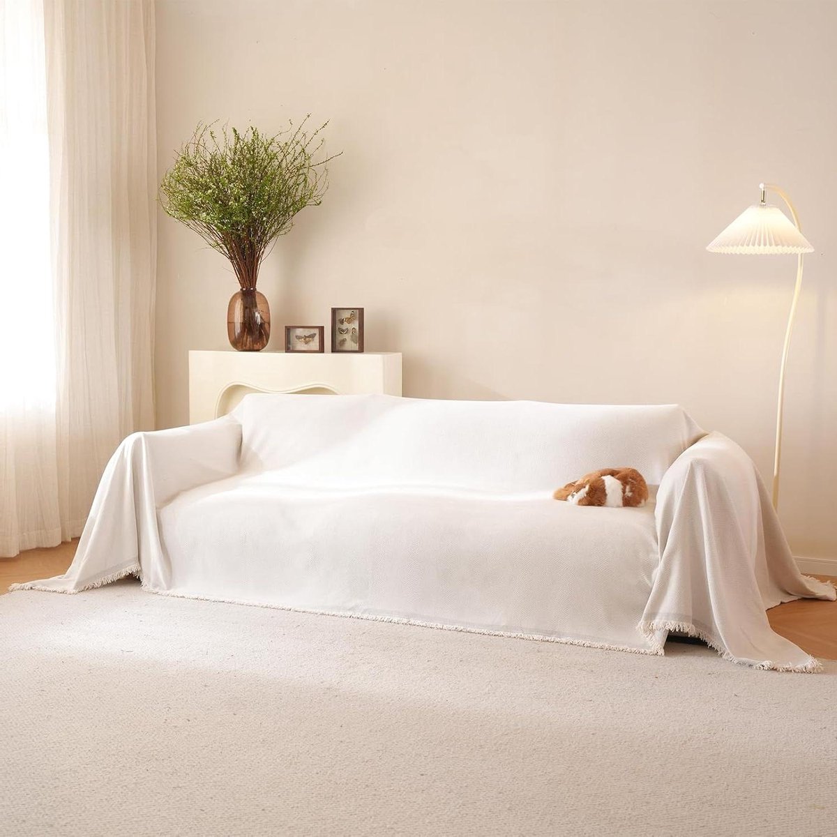 Witte bankhoes voor 3-zits bankhoes, zachte chenille, boho, visgraatmotief bankhoes, hondenbankhoes beschermer voor huisdieren, kinderen (ivoorwit, XX-Large, 180 x 380 cm)