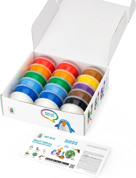 Hey Clay Interactieve klei voor kinderen, boetseerklei, 18 containers, doe-het-zelf-knutselset, app, kinderspeelgoed (vogels)