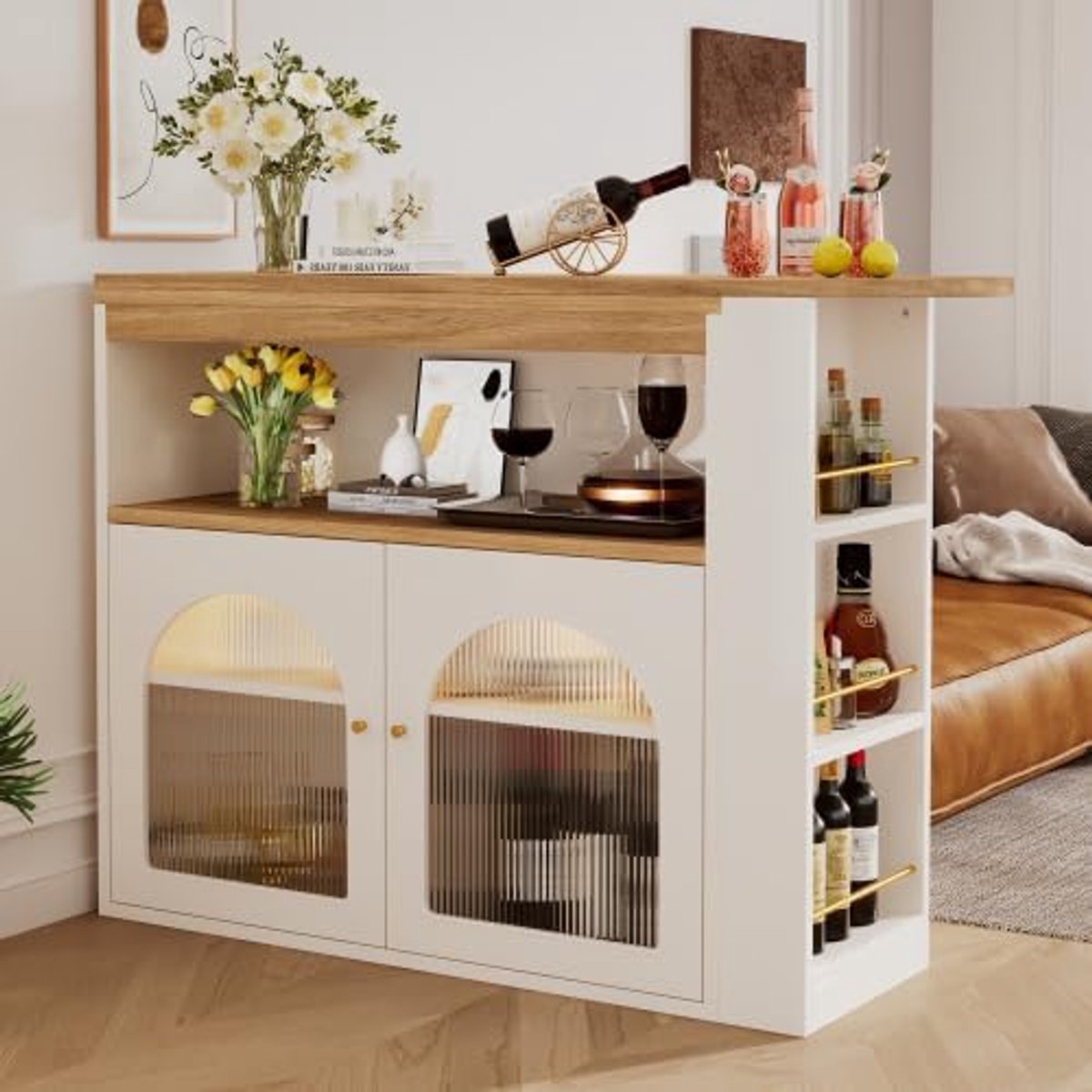 Bartafel Uittrekbaar & Draaibaar 138x39x105 cm met Opbergruimte en LED Verlichting – Moderne Statafel met Glazen Front en 360° Rotatie – Teak Wit – Laura