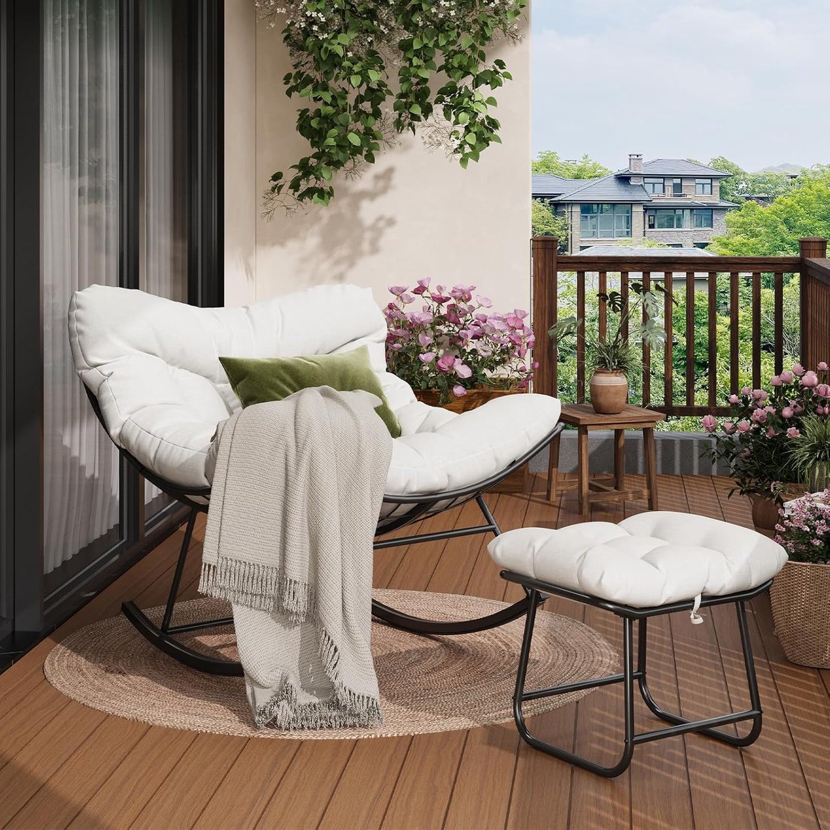 Schommelstoel voor Buiten met Voetenbank - Tuinstoel incl. Kussens - Ergonomische Loungestoel - Weerbestendig Metaal - Balkon, Tuin & Terras – foto 7
