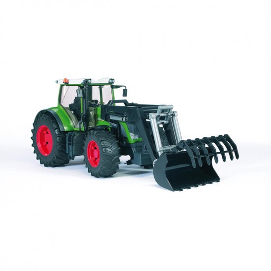 Groene tractor met rode velgen, en een zwarte voorlader met grijper.