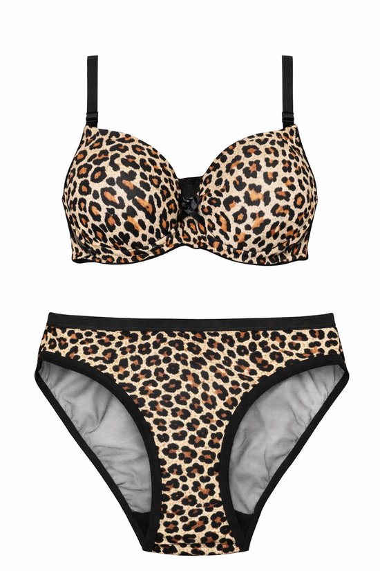 Lingerie – 2-delig – Voorgevormde beugel-bh set – Push-up beha set – Panterprint – Maat 80B