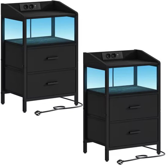 Nachtkastjes set van 2 – Modern design met LED-verlichting, USB-poorten en stopcontacten, zwart