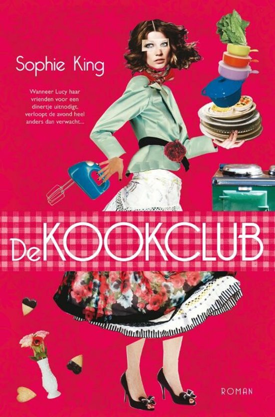 Boekcover met een vrouw in mintgroene blazer, veel kookgerei en de titel 'De Kookclub'.