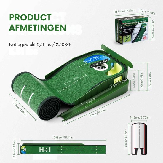 Golf Putting Mat met Automatische Balretour – Professionele Golf Oefenmat voor Thuis & Kantoor – Incl. Trainingslijnen & Ball Return Systeem van GOLF — afbeelding 3