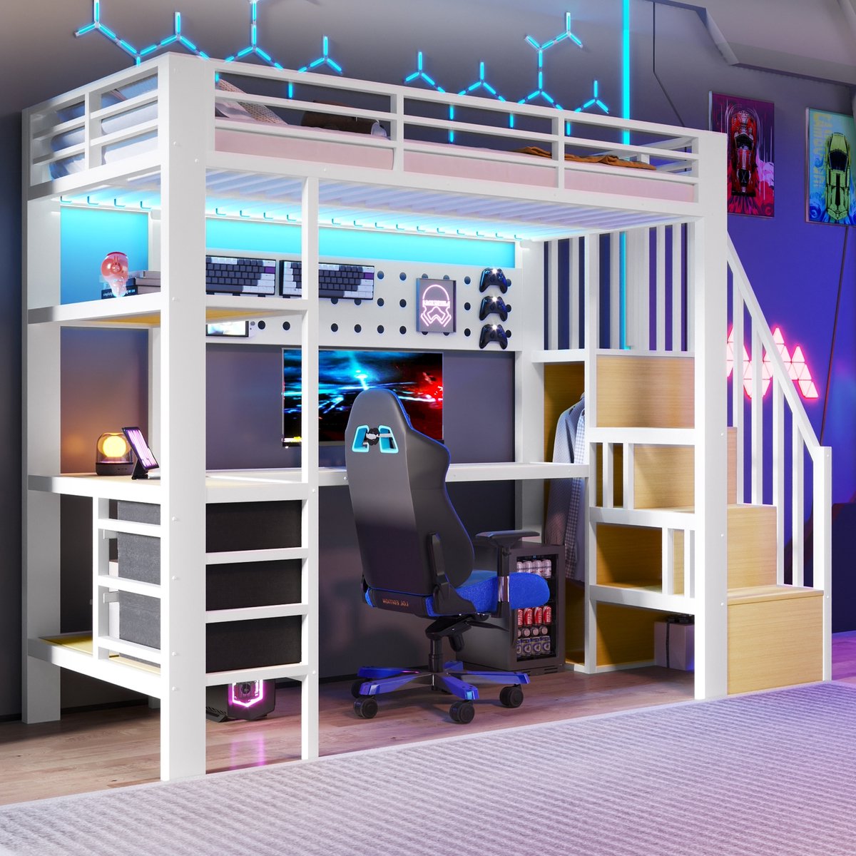 Sweiko Hoogslaper - 90 x 200 cm - Metalen frame - Inclusief bureau - 3 lades - Stopcontact - LED-verlichting - Wit