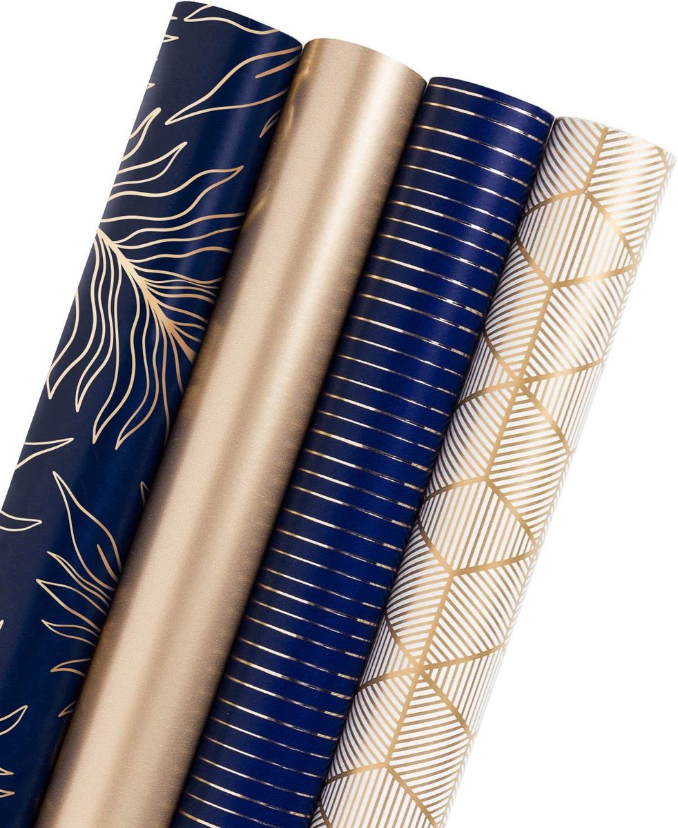 Allecto - Cadeaupapier - Verpakking - Milieuvriendelijk - Goud/Navy - Feestelijk - Perfect voor elke gelegenheid - 4 Rollen