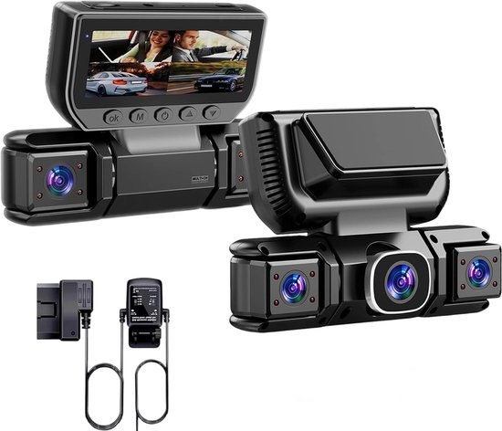 Dashcam - Dashcam voor auto - 4-kanaals dashcam voor - Gratis OBDII-hardwire - 1080P - 24/7 parkeerbewaking, 360° camera met wifi, loopopname, nachtzicht