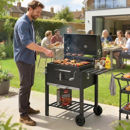 Premie Houtskool Barbecue - Smoker Barbecue - Houtskoolgrill - met Deksel, Handgrepen, Thermometer, Wielen, Warmhoudrek, 2 Grillrooster - BBQ voor Kamperen, Buiten, Tuin - 113 x 65 x 108 cm - Zwart van Merkloos — afbeelding 4