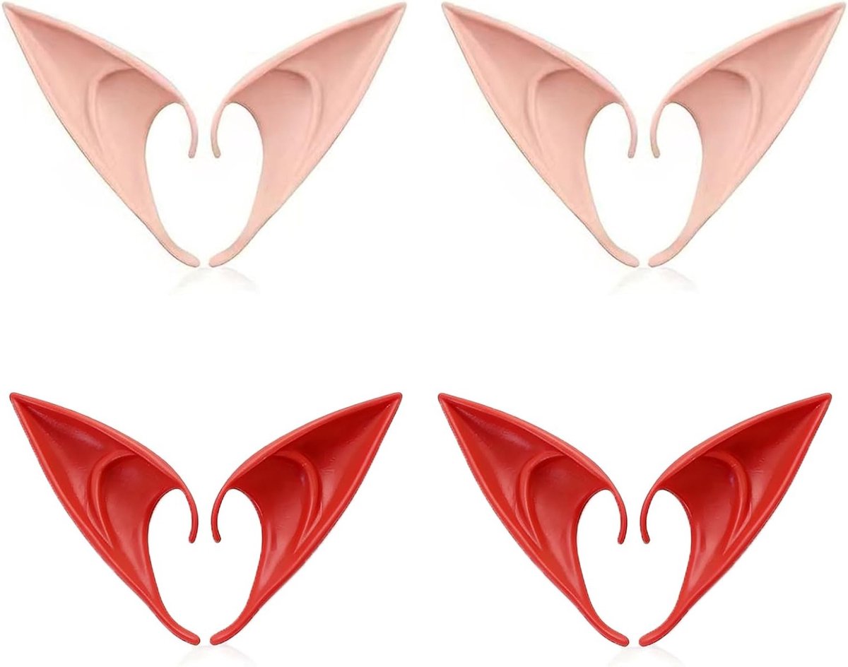 Elfenoren voor Cosplay, 4 paar zachte puntige tips in rood en vleeskleurig, ideaal voor Halloween en fantasiekostuums, 8 cm lengte