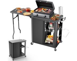 Grill trolley met opklapbare zijtafel, multifunctionele buitenkeuken met opbergruimte en wielen, 143 x 37 x 89 cm