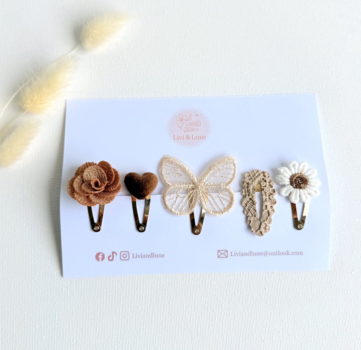 Livi Lune Haarspeldjes Meisjes Set Vlinder Madelief Rozen Hartjes Bruin Cremé Goud