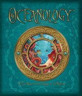 De kaft van het boek 'Oceanology' toont een gouden rond raam met een zeegezicht. Tentakels van een rode octopus, vissen en een onderwaterstad zijn zichtbaar.