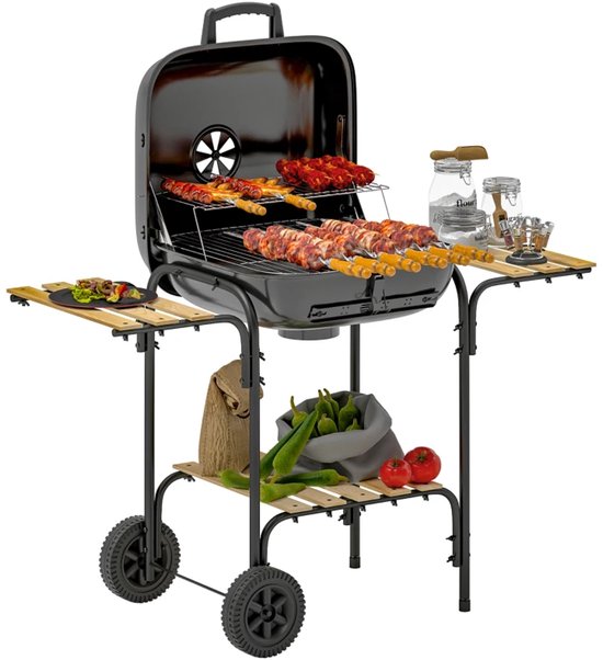 Premie Stalen Houtskool Barbecue - Smoker Barbecue - Houtskoolgrill - Grillwagen met Afsluitbaar Deksel, Wielen, Handvat, Houten Plank - BBQ voor Kamperen, Buiten, Tuin - 98 x 54 x 91 cm - Zwart van Merkloos — afbeelding 3