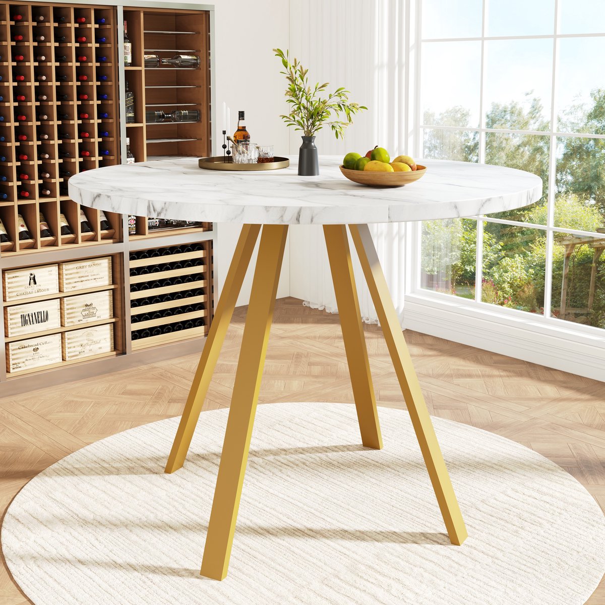 FloraGrace Eettafel - Ronde Tafel Voor 4 Personen - Voor Keuken En Eetkamer - MDF En Metaal - 80x80x75 Cm - Wit Goud