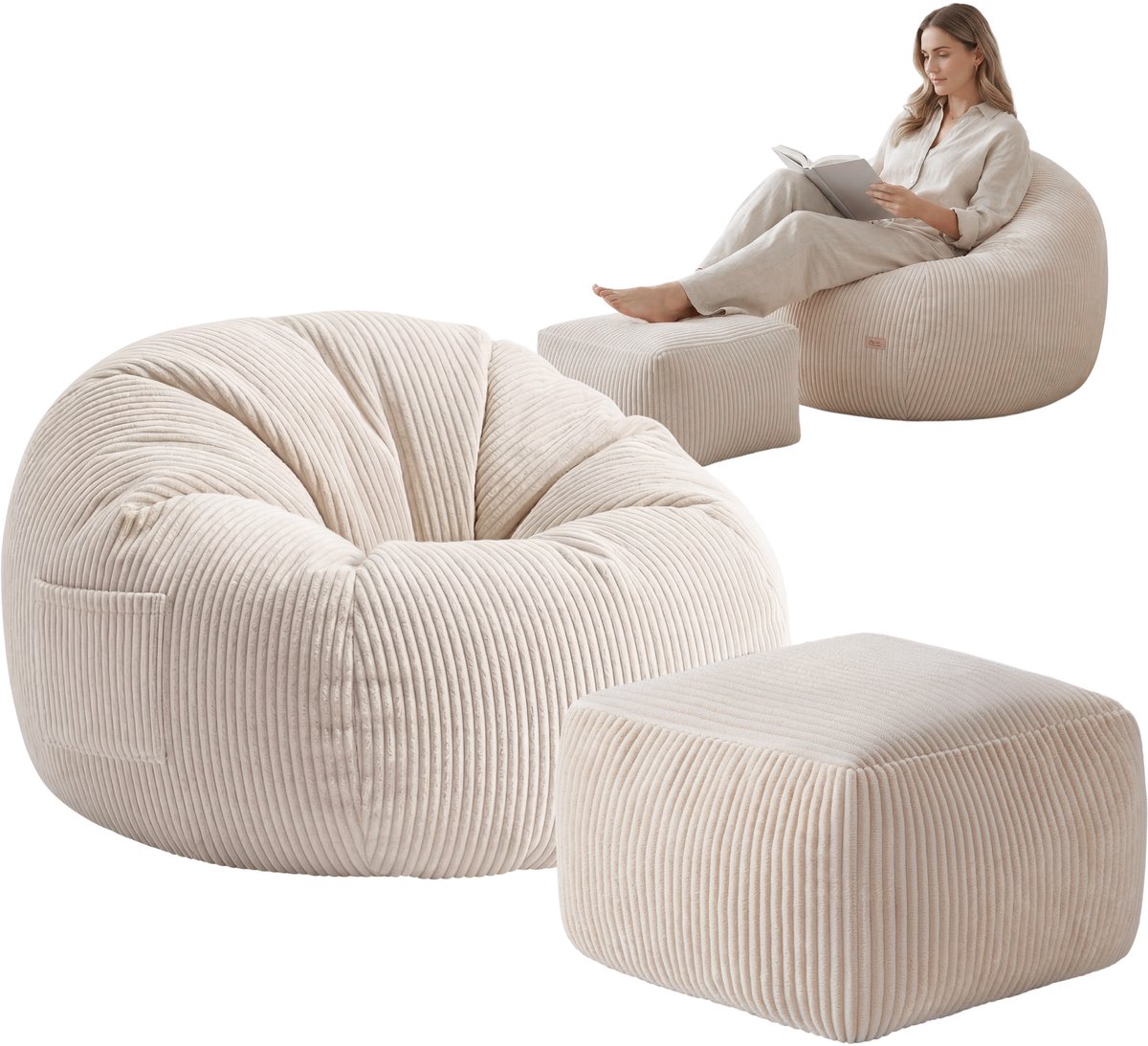 Mark Adler Comfy 3.0 Zitzak stoel - Inclusief Voetenbank - Corduroy Ribstof - Beige