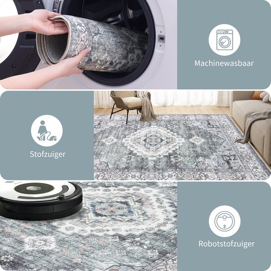 Vloerkleed met een traditioneel patroon in grijs en wit, in een wasmachine, gestofzuiger en robotstofzuiger.